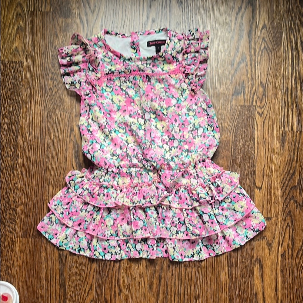 Juicy Couture Pink Floral Ruffle Dress - Girls' Short Sleeve Top